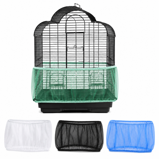 Green mesh bird cage seed catcher fitted around the lower section of a bird cage, with white, black and blue colour options shown below.