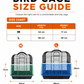 Bird cage seed catcher size guide infographic showing M size 54 cm x 17 cm and L size 66 cm x 28 cm for selecting the correct fit.