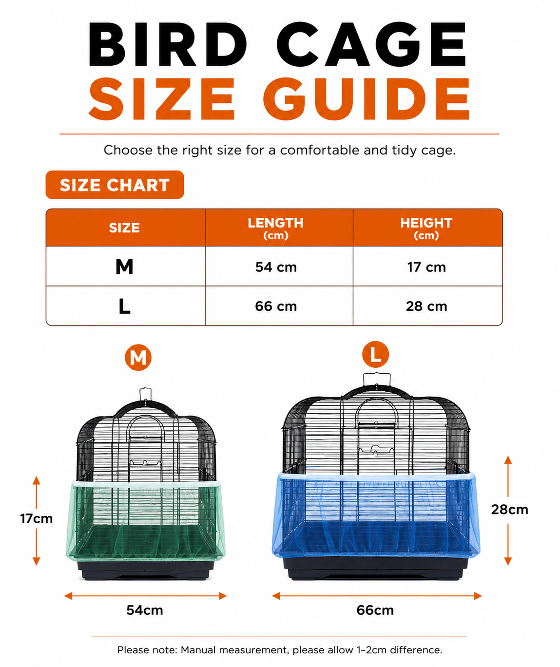 Bird cage seed catcher size guide infographic showing M size 54 cm x 17 cm and L size 66 cm x 28 cm for selecting the correct fit.