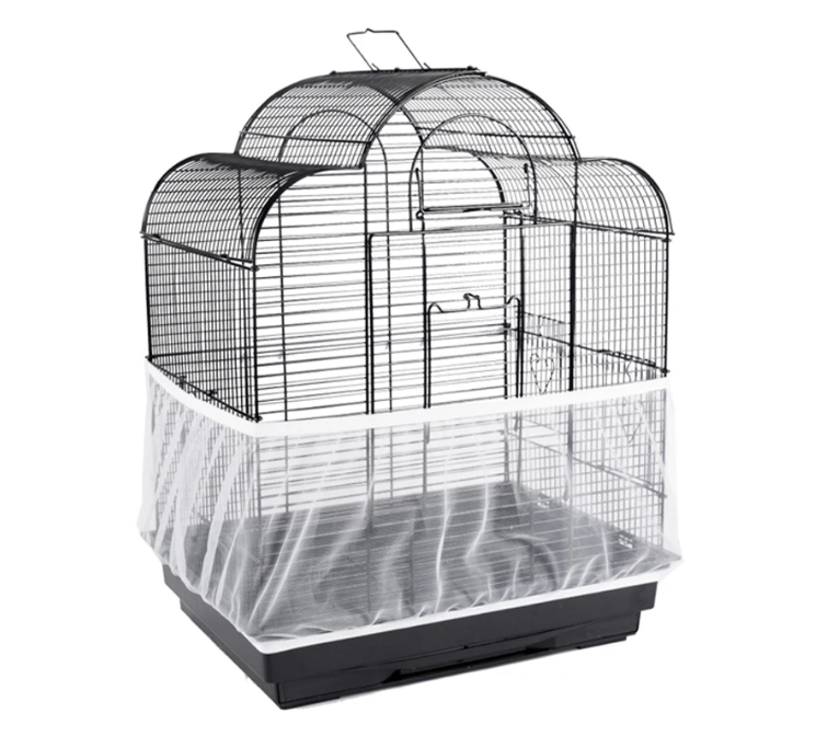 White elastic mesh seed catcher fitted around the lower section of a bird cage