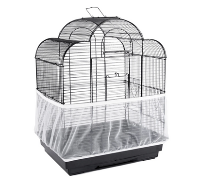 White elastic mesh seed catcher fitted around the lower section of a bird cage