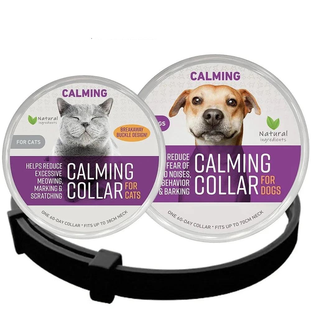 Black calming collar shown with separate cat and dog product packaging