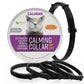 Black calming collars displayed beside cat calming collar packaging