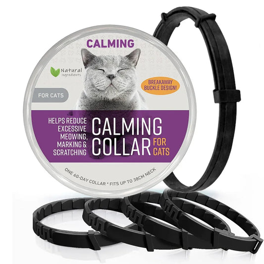 Black calming collars displayed beside cat calming collar packaging