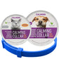 Blue calming collar shown with separate cat and dog product packaging