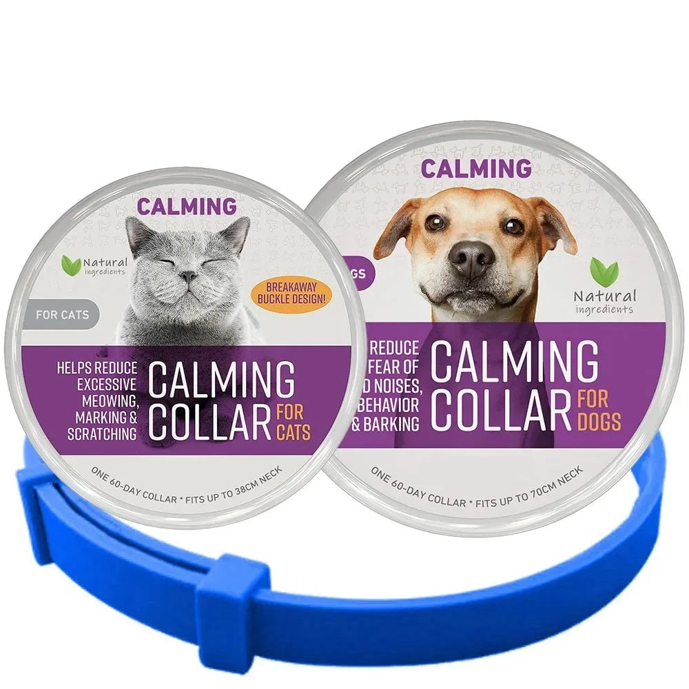 Blue calming collar shown with separate cat and dog product packaging