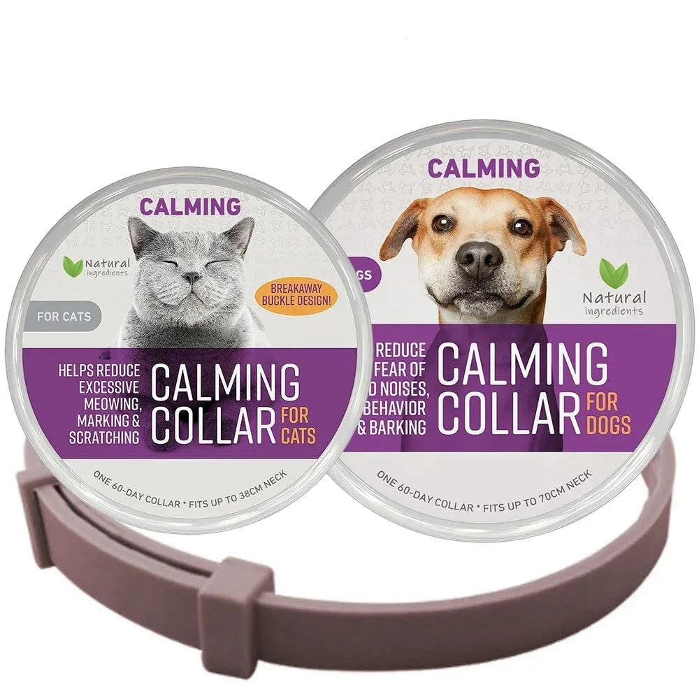 Brown calming collar shown with separate cat and dog product packaging