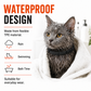Cat wearing a black calming collar beside an everyday-wear material infographic