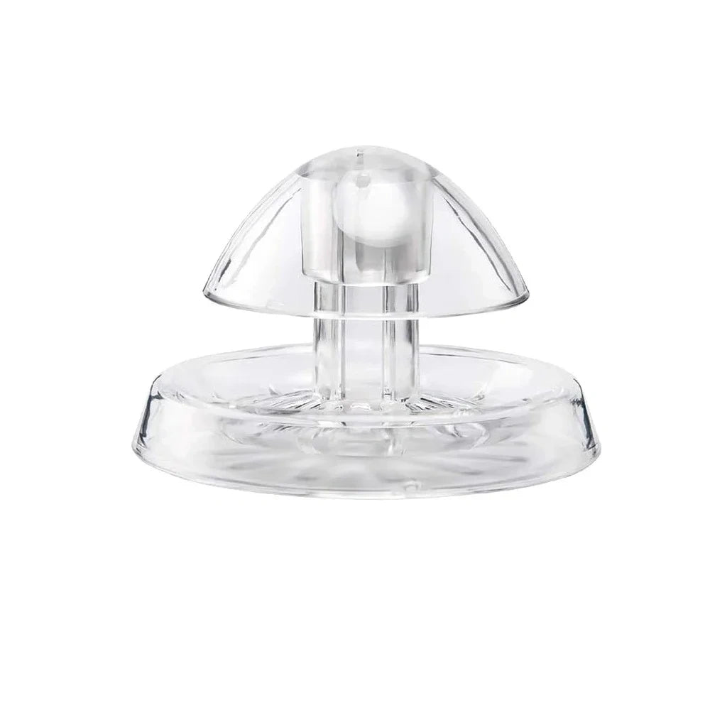 Clear reusable aquarium snail trap with a central bait chamber on a white background