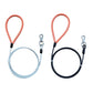 Black and white coated steel cable dog leads with orange loop handles and swivel snap clips