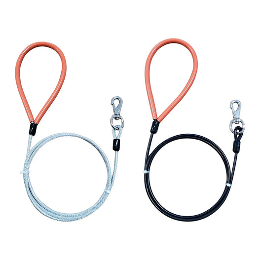 Black and white coated steel cable dog leads with orange loop handles and swivel snap clips