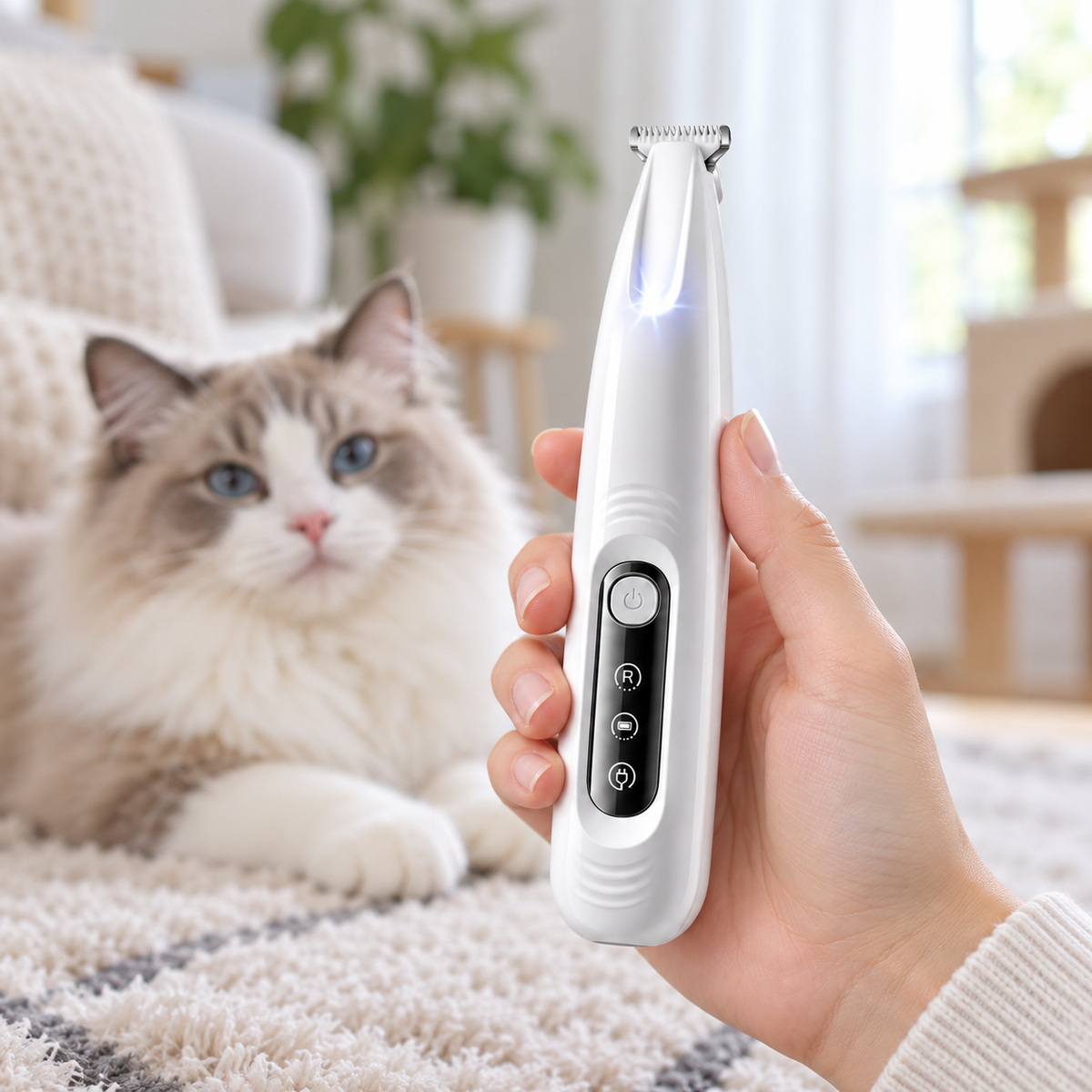 White cordless cat paw trimmer with LED light held beside a cat