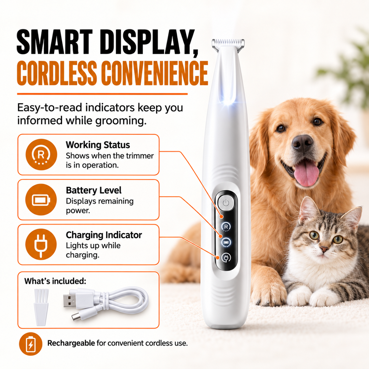 Cordless pet paw trimmer with LED status display and charging indicators