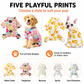 Five dog pyjama print options including yellow ducks, doughnuts, bananas, sports and cute characters