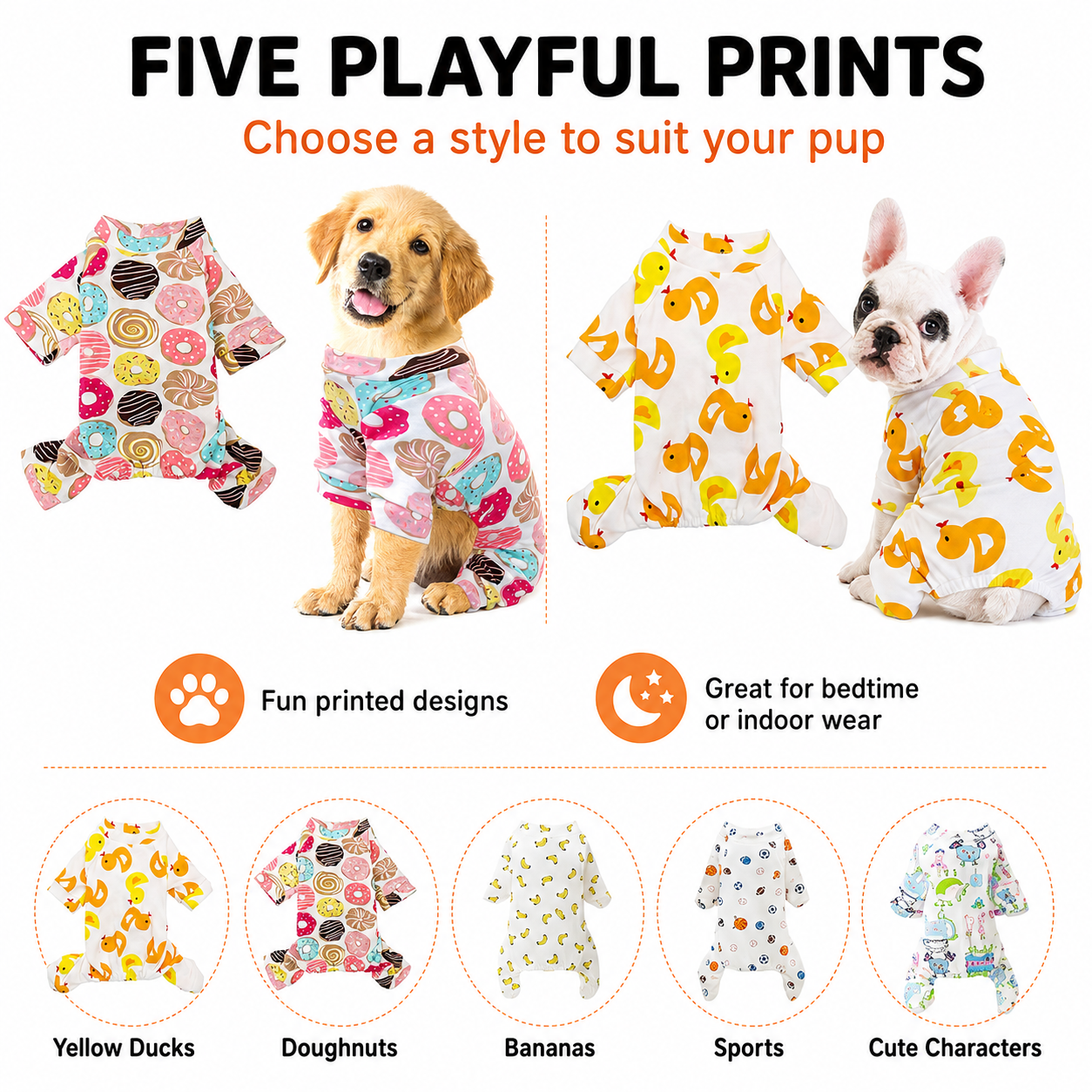 Five dog pyjama print options including yellow ducks, doughnuts, bananas, sports and cute characters