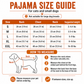 Dog pyjama size guide showing S to XXL measurements and how to measure back length, chest and neck