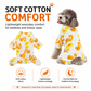 Soft cotton comfort guide showing a small dog wearing lightweight yellow duck-print pyjamas