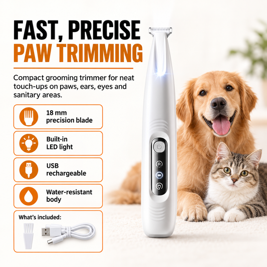 Dog paw trimmer with 18mm blade, LED light, USB charging and water-resistant body