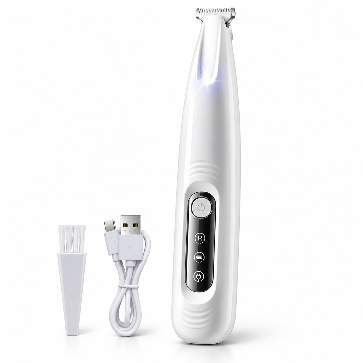 White dog paw trimmer with LED light, cleaning brush and USB charging cable