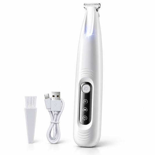 White dog paw trimmer with LED light, cleaning brush and USB charging cable