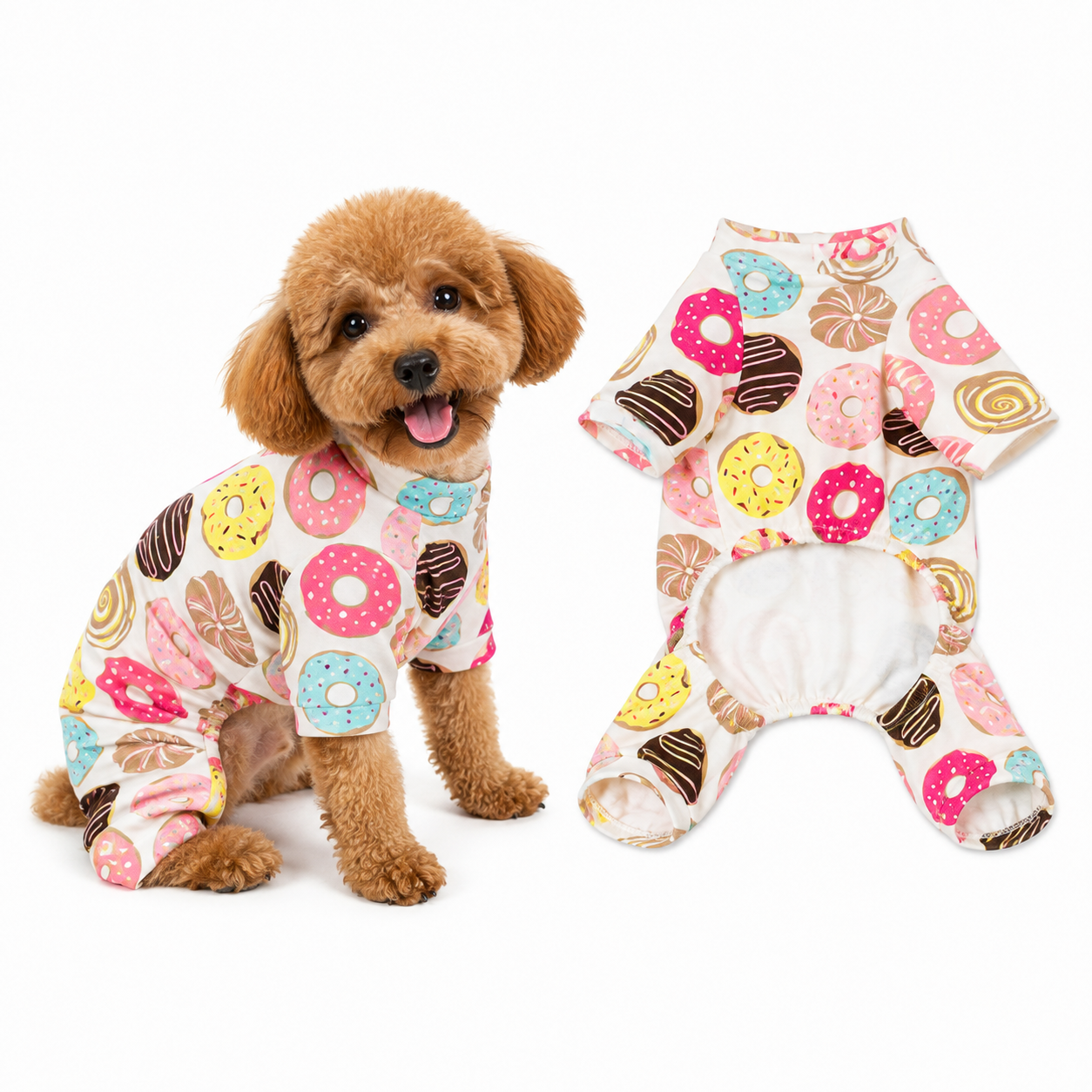Small brown dog wearing doughnut-print pyjamas beside the matching four-leg onesie
