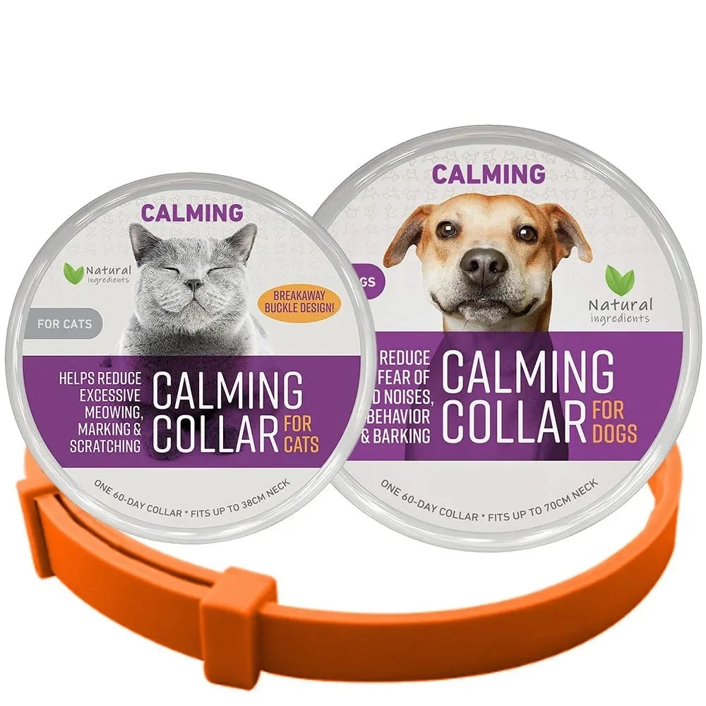 Orange calming collar shown with separate cat and dog product packaging