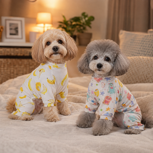 Two small dogs wearing banana and cute-character pyjamas on a bed in a cosy bedroom