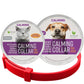 Red calming collar shown with separate cat and dog product packaging