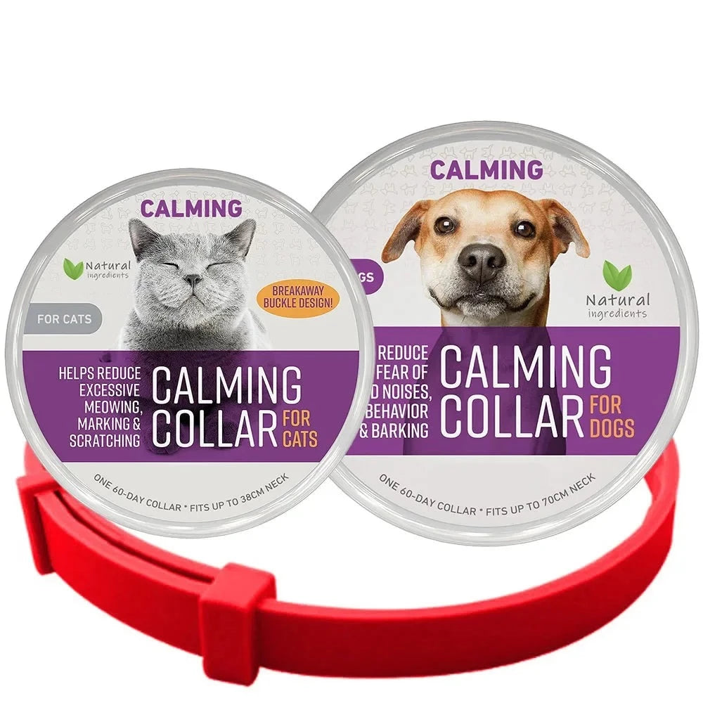 Red calming collar shown with separate cat and dog product packaging