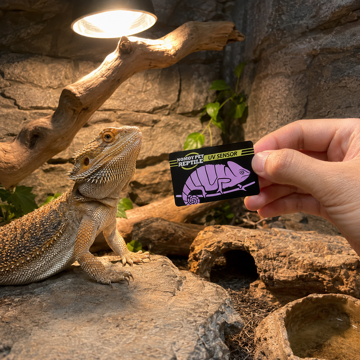 Reptile UVB test card held at a bearded dragon’s basking area