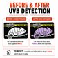 Before-and-after guide showing the white sensor area turning purple under ultraviolet light