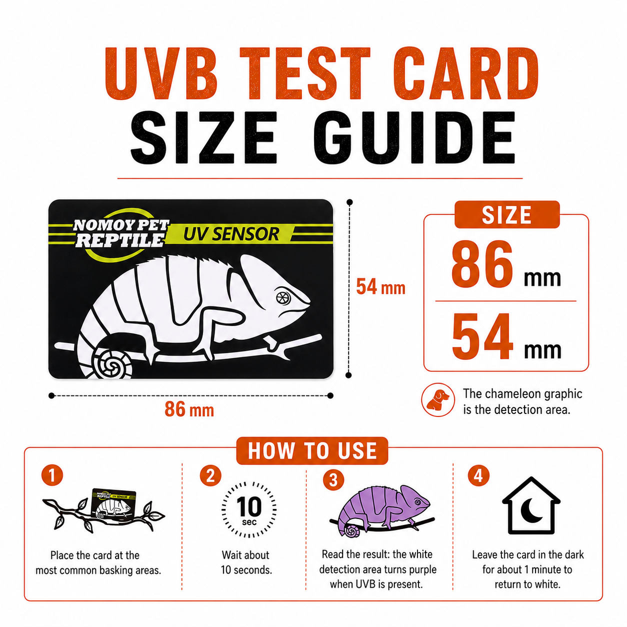 Size and four-step use guide for the 86 x 54 mm reptile UVB test card