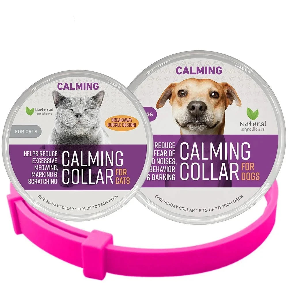Rose red calming collar shown with separate cat and dog product packaging