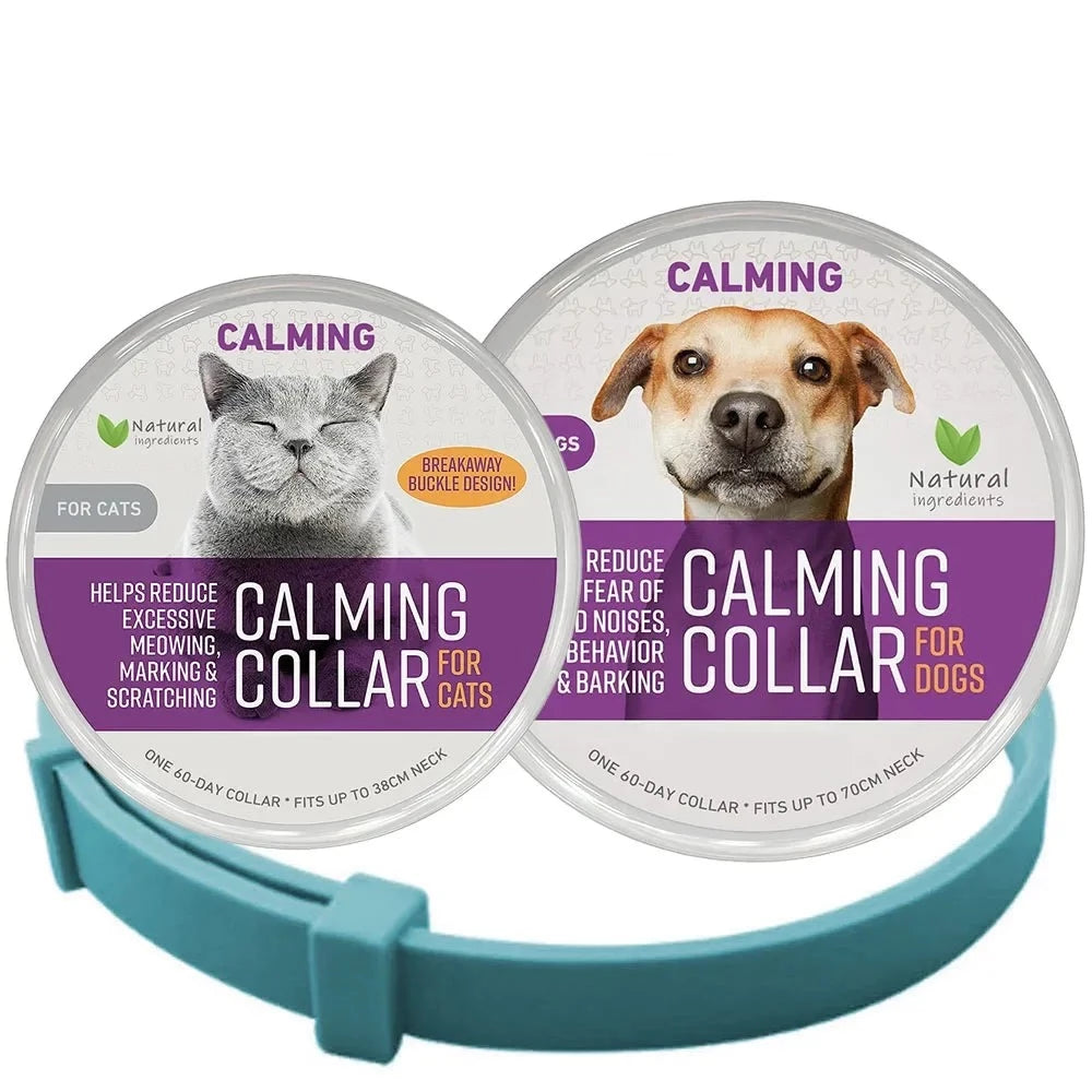Sky blue calming collar shown with separate cat and dog product packaging