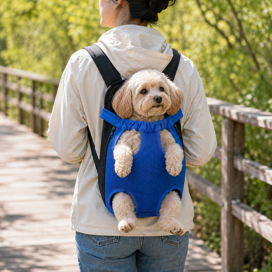 Small dog travelling in a blue pet carrier backpack worn on the back during a supervised outing