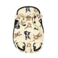 Beige pet carrier backpack with small dog print and separate leg openings