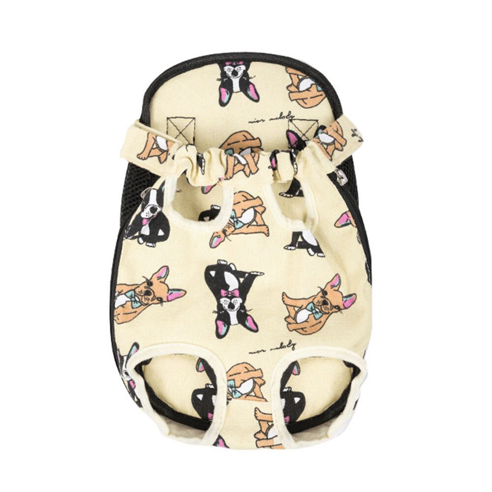Beige pet carrier backpack with small dog print and separate leg openings