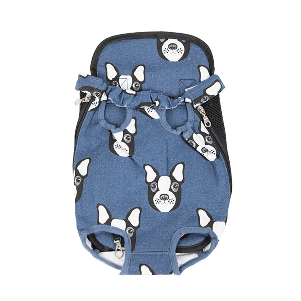 Blue pet carrier backpack with white animal print and separate leg openings