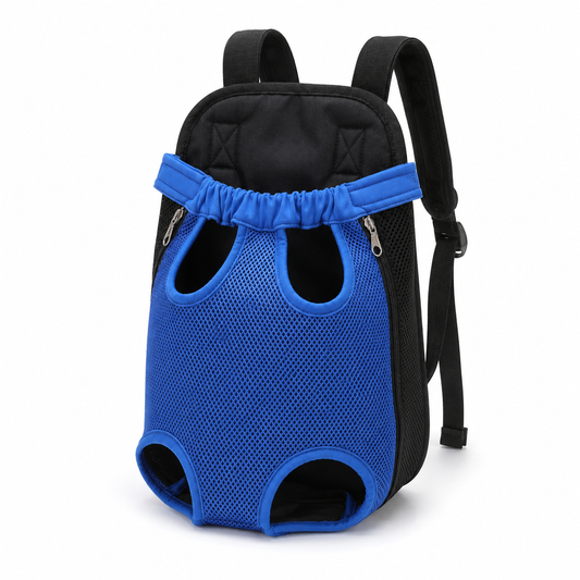 Blue breathable legs-out pet carrier backpack for small dogs and cats