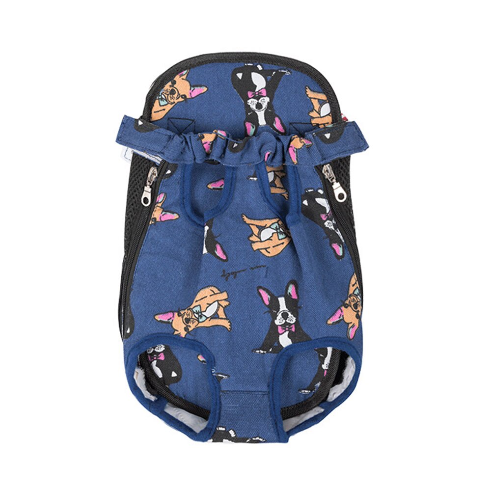 Navy blue pet carrier backpack with colourful printed character design