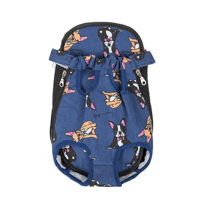 Navy blue pet carrier backpack with colourful printed character design