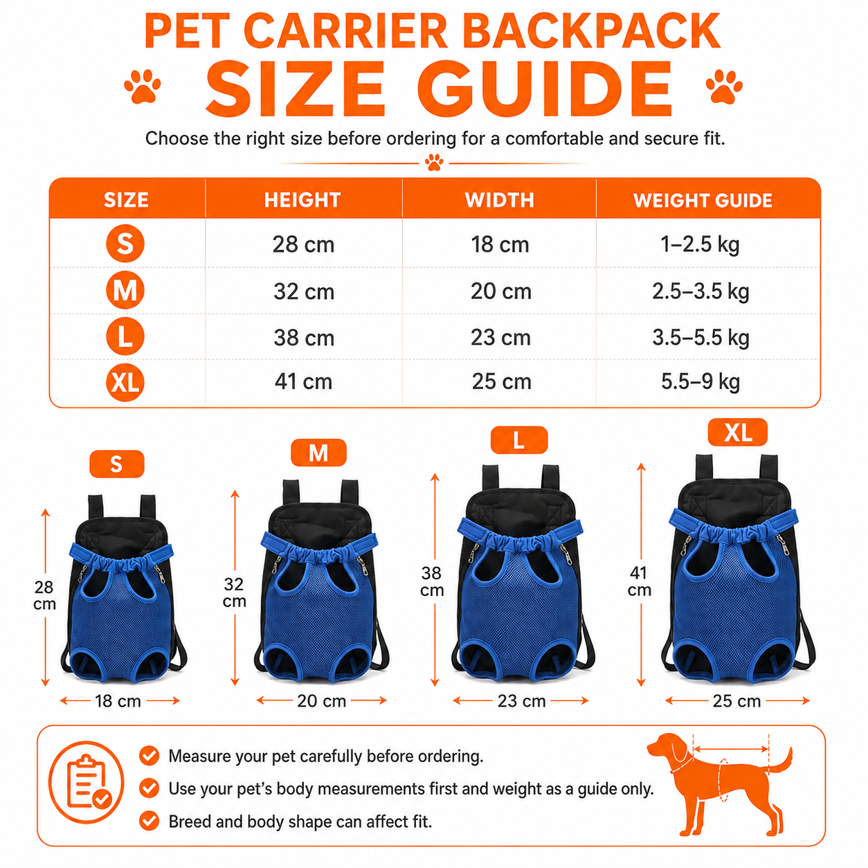 Pet carrier backpack size guide with dimensions and weight guides for sizes S to XL