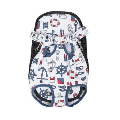 White pet carrier backpack with colourful nautical-style print