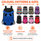 Legs-out pet carrier backpack available in multiple colours, patterns and four sizes