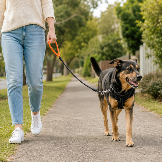 Dog being walked outdoors with a black coated steel cable lead