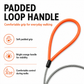 Padded orange loop handle on a coated steel cable dog lead