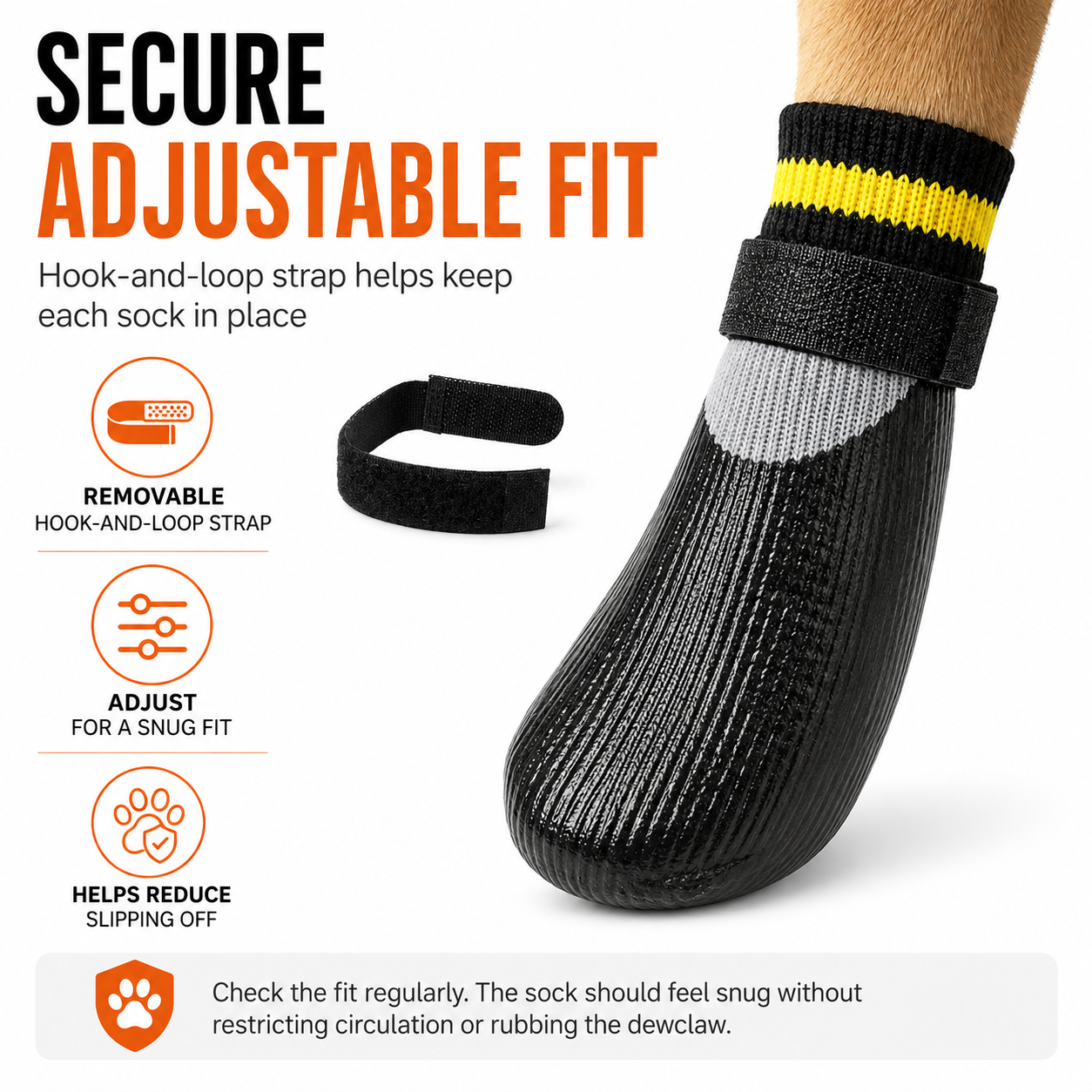 Waterproof dog sock with removable hook-and-loop strap for a secure adjustable fit