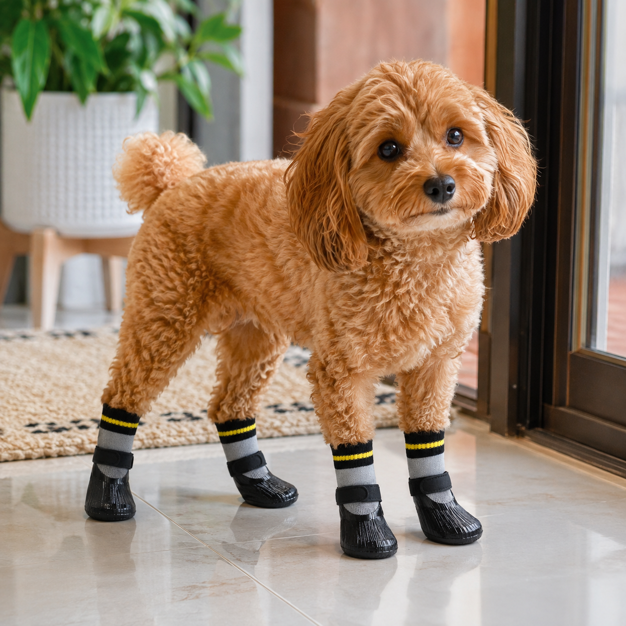 Small brown dog wearing waterproof dog socks on a smooth tiled floor indoors