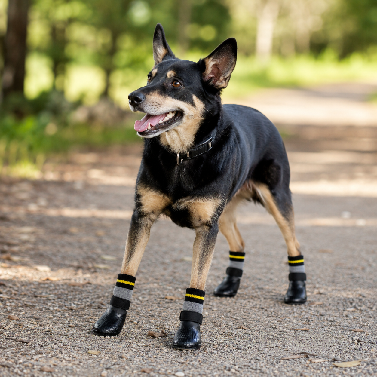 Black and tan dog wearing waterproof dog socks while standing on an outdoor gravel path