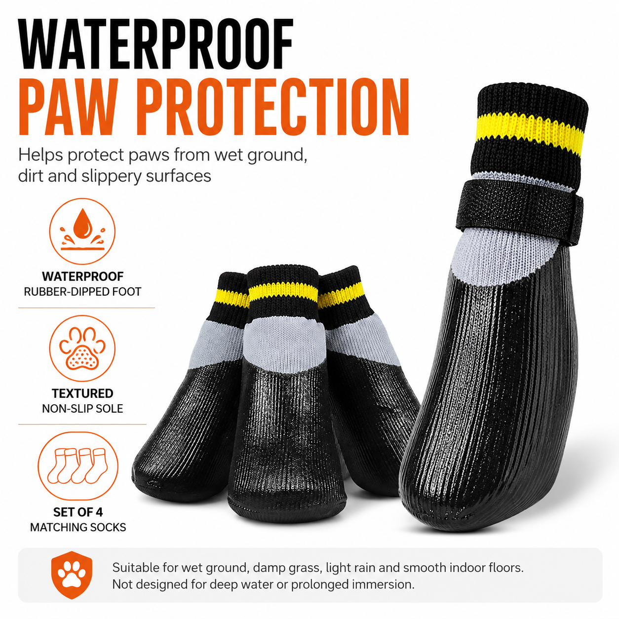 Waterproof dog socks with rubber-dipped feet, textured soles and four-piece set details
